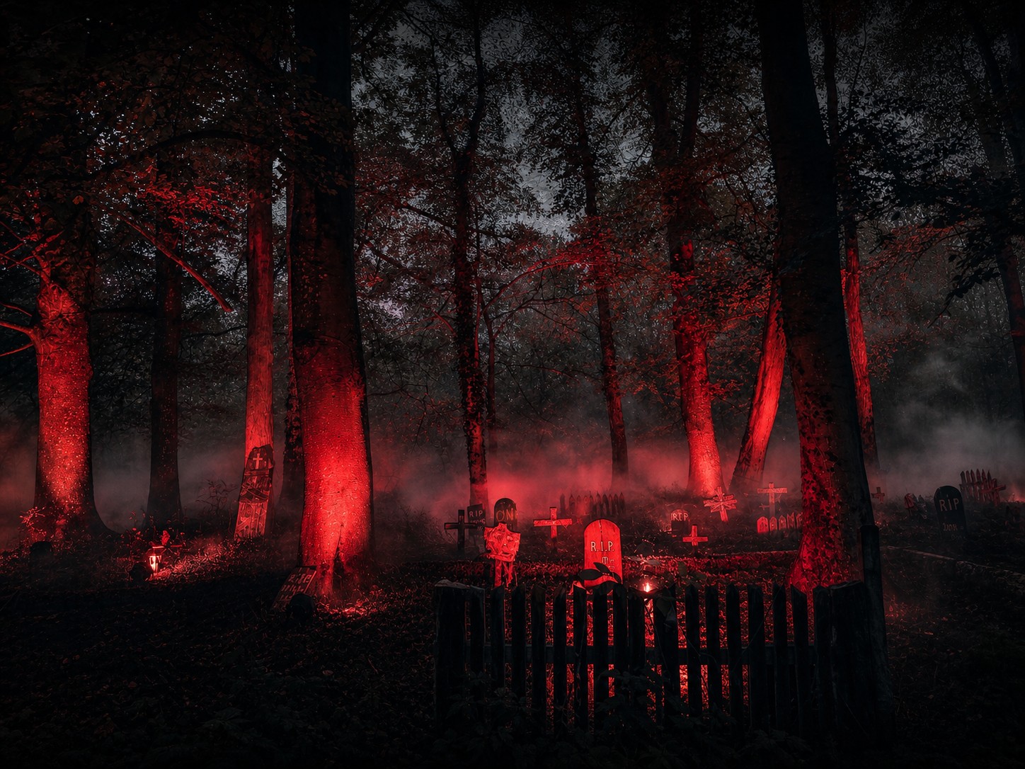 Village Hanté 2025 — cimetière sous lumière rouge et brume